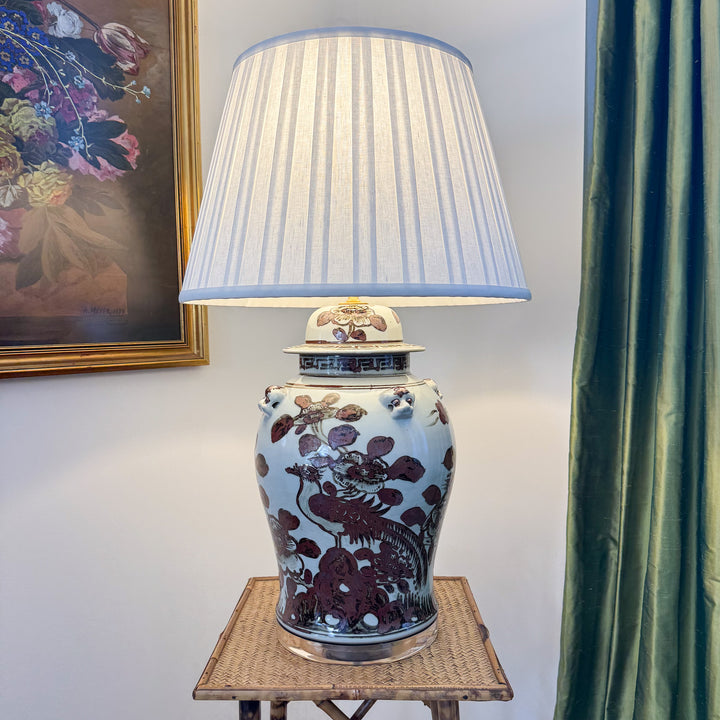brown and white chinoiserie lamp
