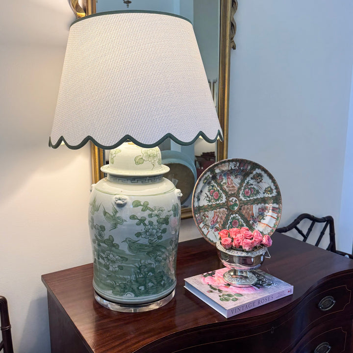 Green and White Floral Temple Jar Lamp