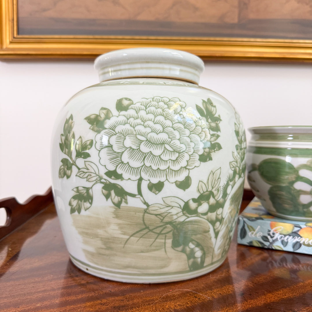Green and White Peony Ginger Jar