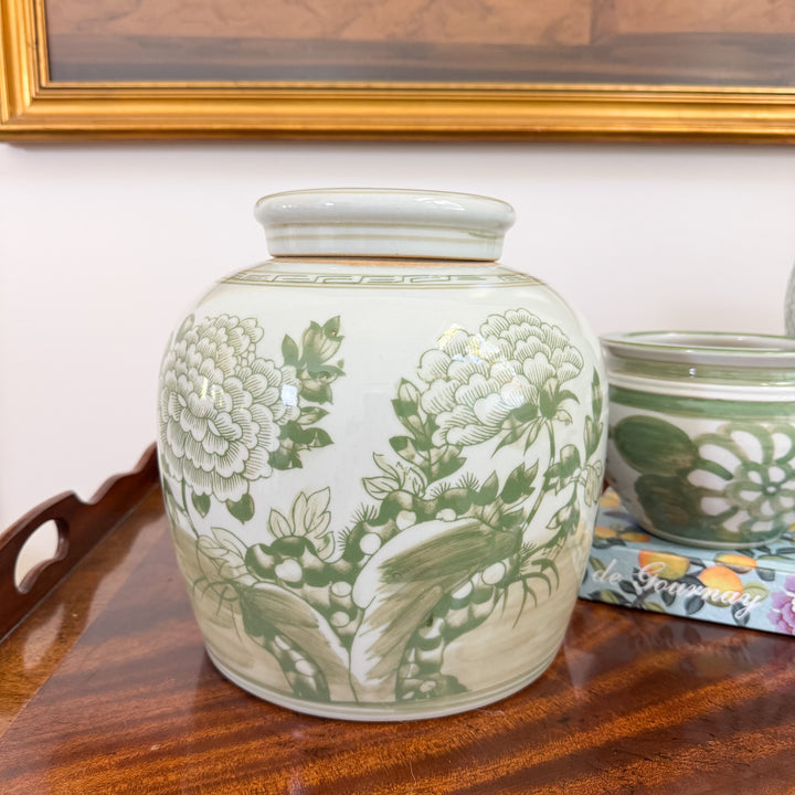 Green and White Peony Ginger Jar