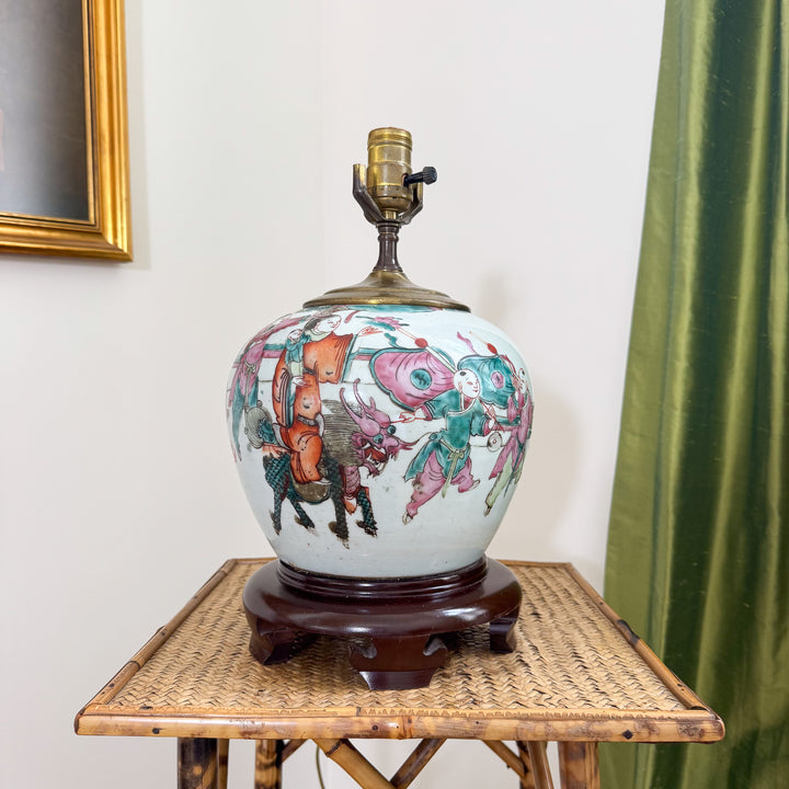 Antique Chinoiserie Children Playing Ginger Jar Lamp