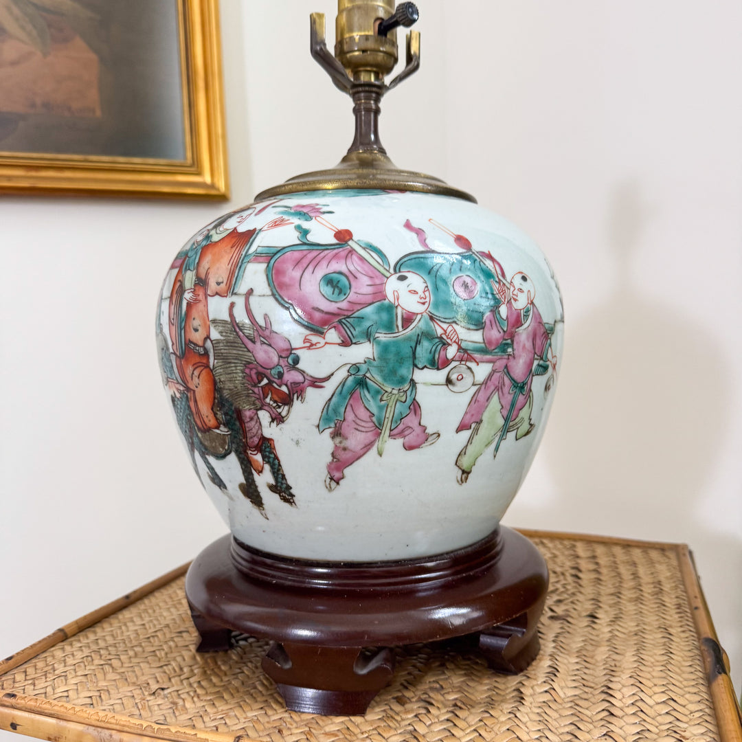 Antique Chinoiserie Children Playing Ginger Jar Lamp