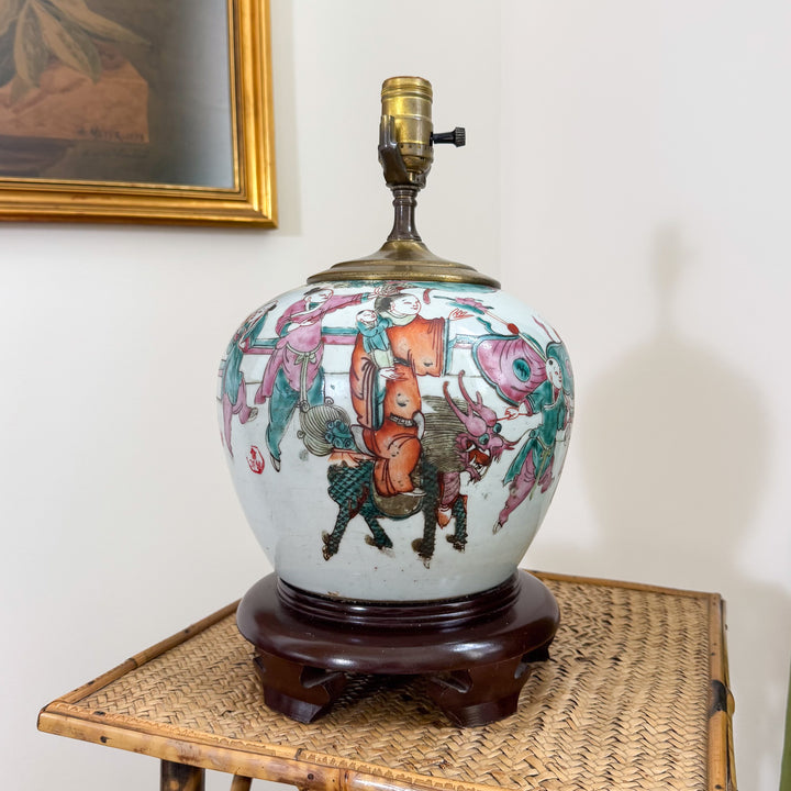 Antique Chinoiserie Children Playing Ginger Jar Lamp