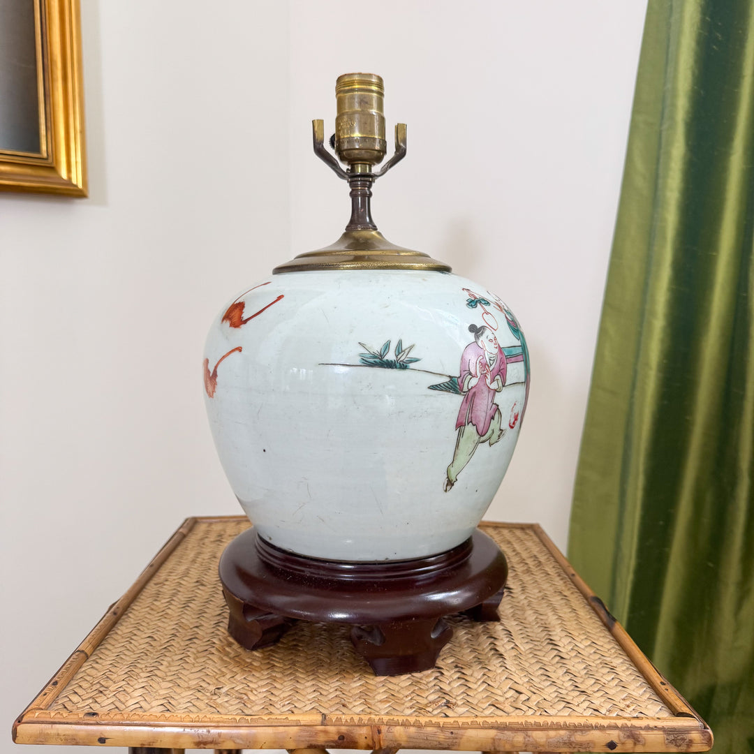 Antique Chinoiserie Children Playing Ginger Jar Lamp