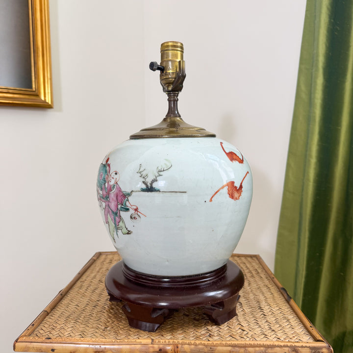 Antique Chinoiserie Children Playing Ginger Jar Lamp