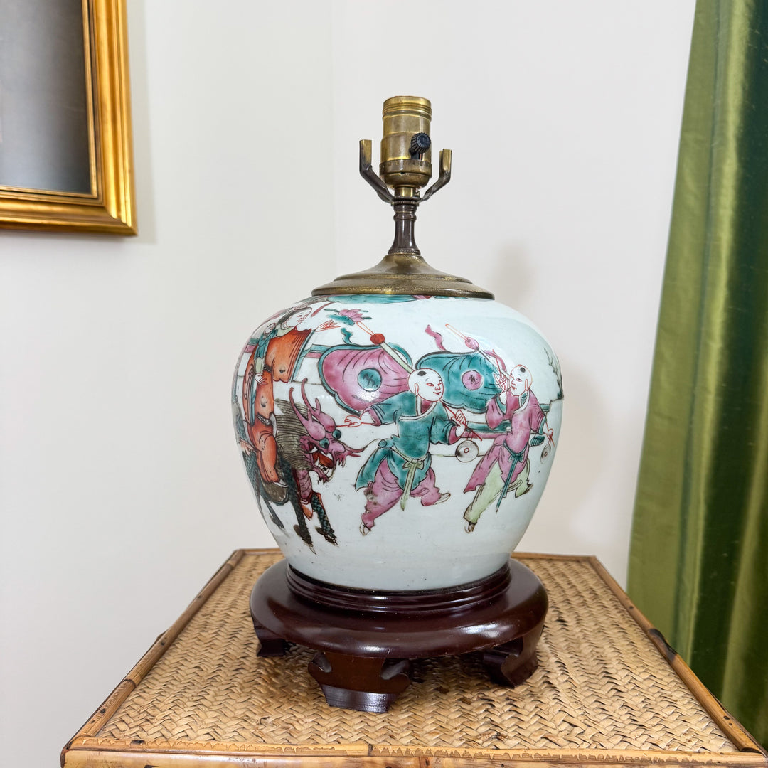 Antique Chinoiserie Children Playing Ginger Jar Lamp