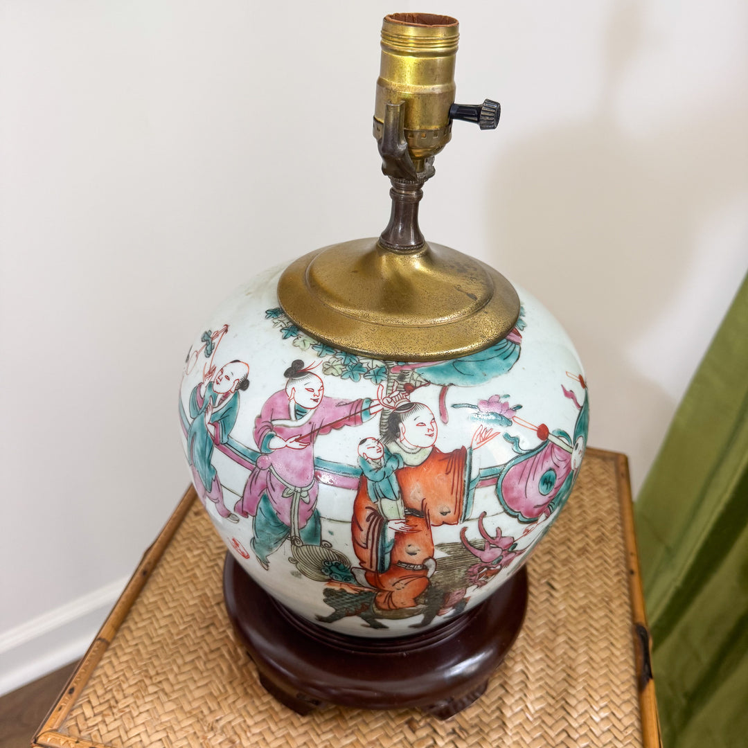 Antique Chinoiserie Children Playing Ginger Jar Lamp