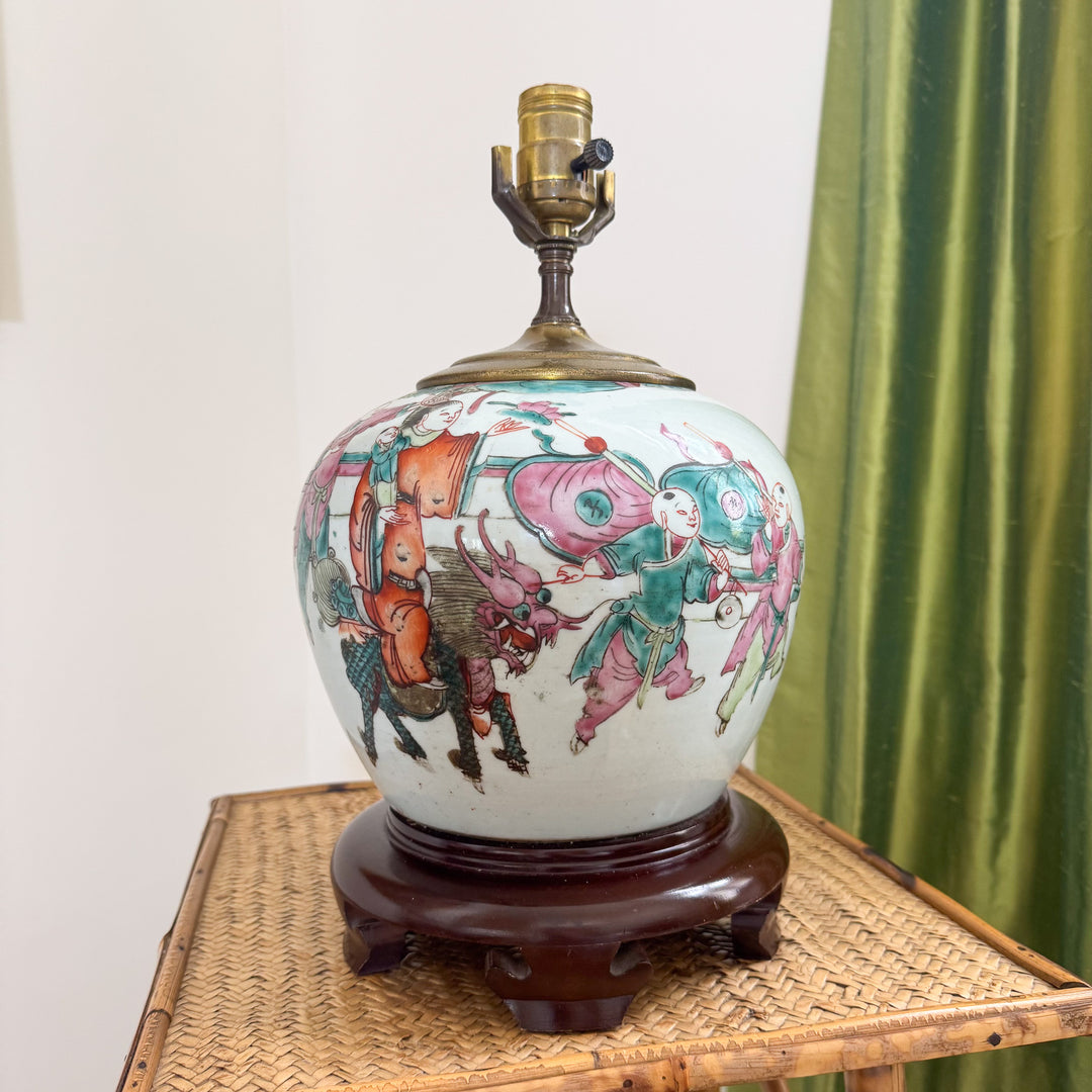 Antique Chinoiserie Children Playing Ginger Jar Lamp