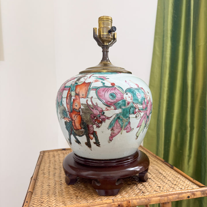Antique Chinoiserie Children Playing Ginger Jar Lamp