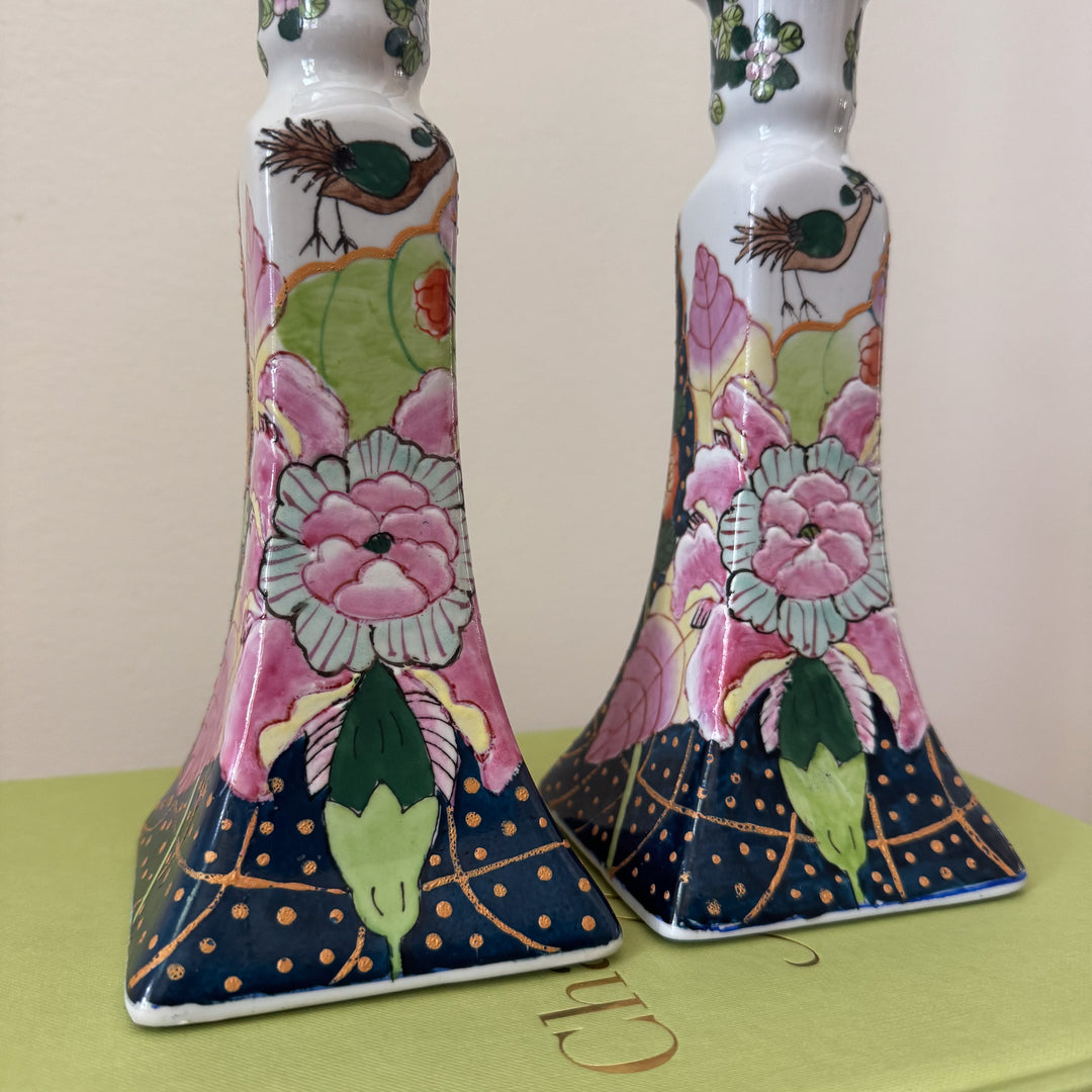 Vintage Pair of Tobacco Leaf Candlestick Holders