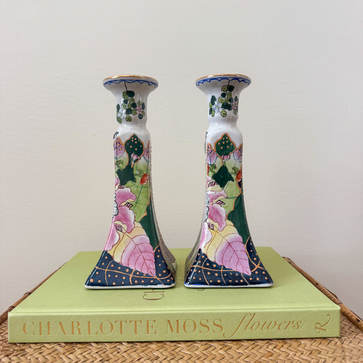 Vintage Pair of Tobacco Leaf Candlestick Holders