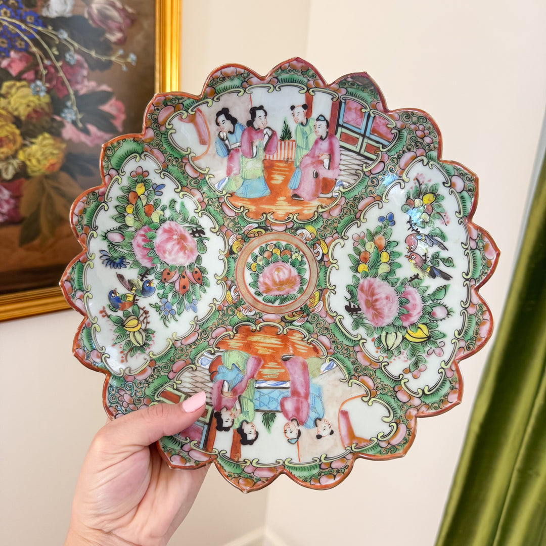 Antique Rose Medallion Scalloped Edge Porcelain Platter