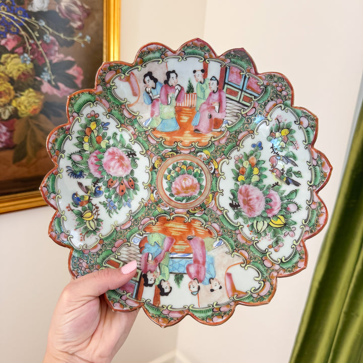 Antique Rose Medallion Scalloped Edge Porcelain Platter