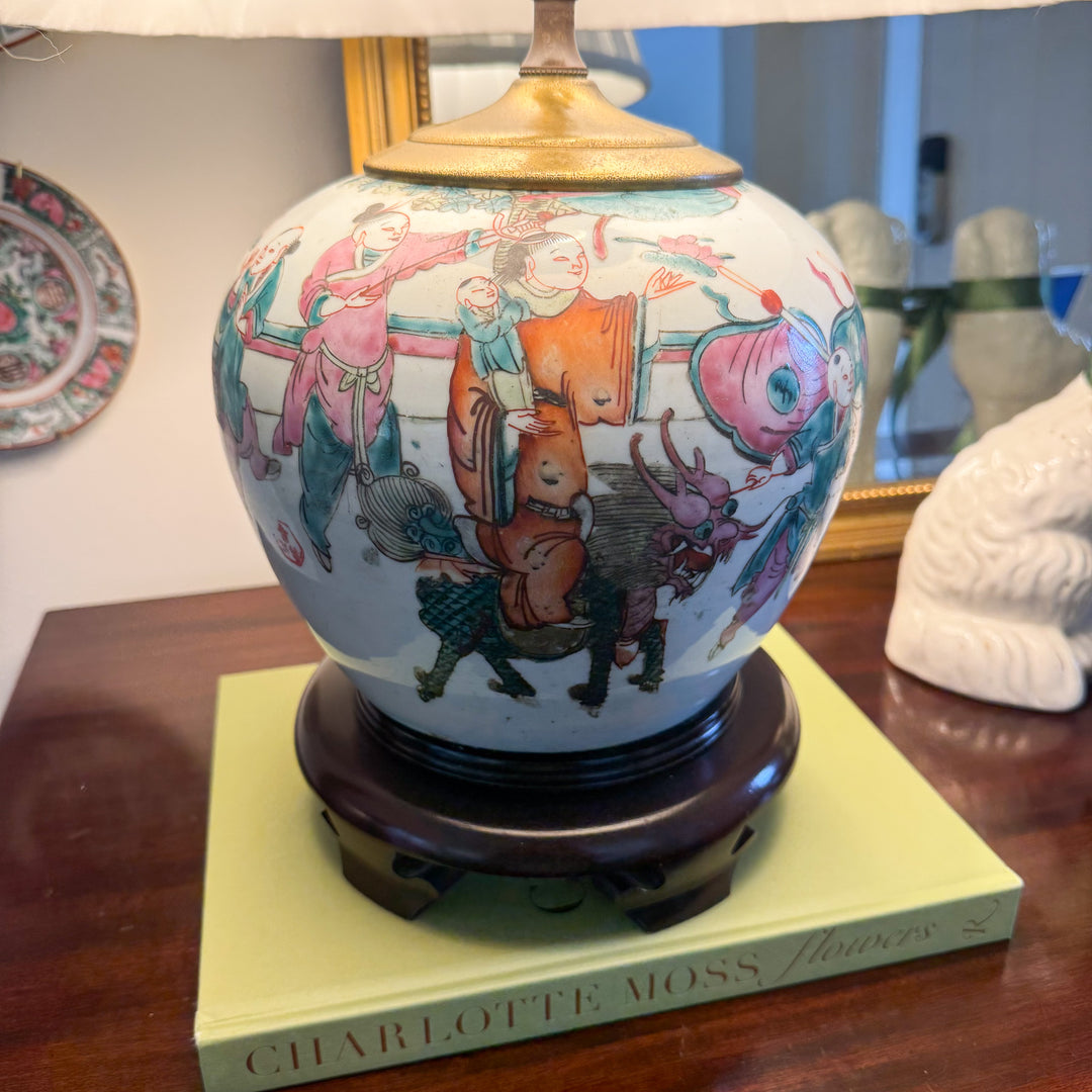 Antique Chinoiserie Children Playing Ginger Jar Lamp