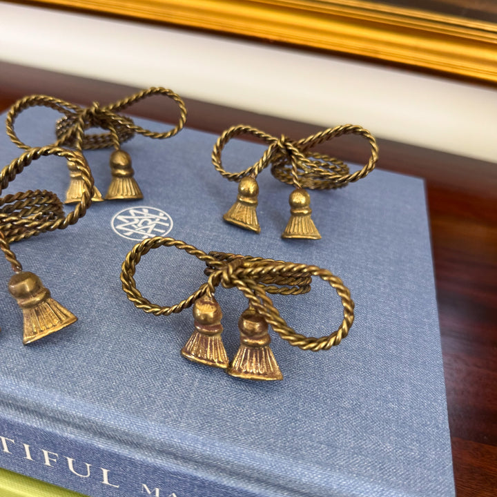 Set of Four Vintage Gold Bow Tassel Napkin Ring Holders