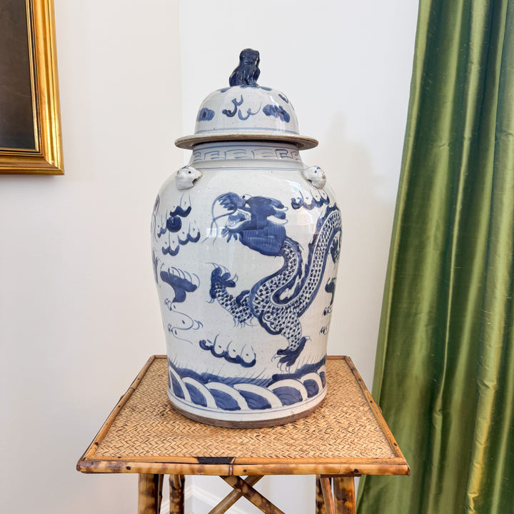 Blue and White Dragon Chinoiserie Temple Jar