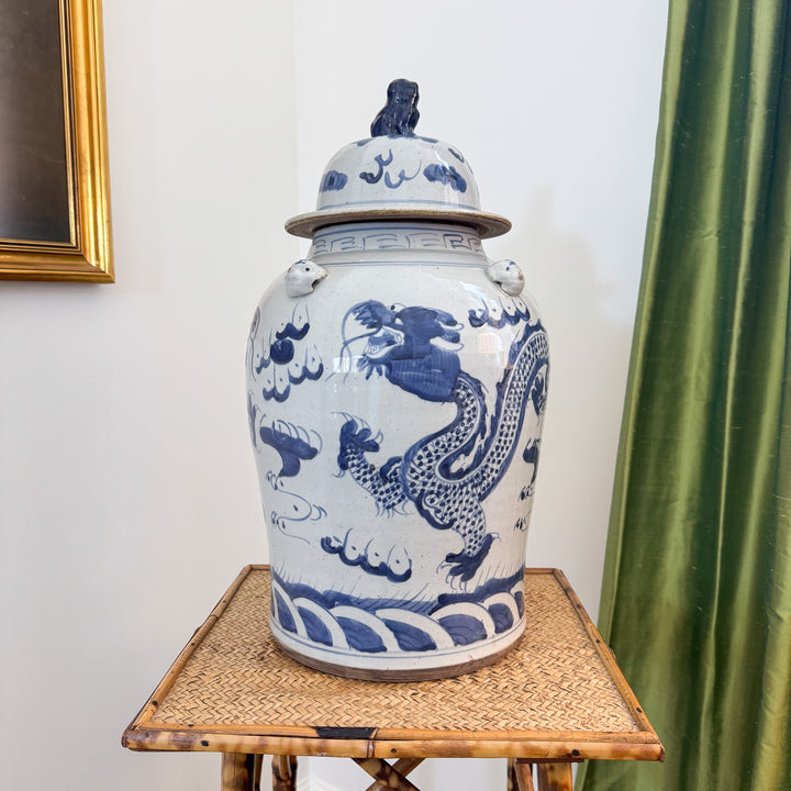 Large Blue and White Chinoiserie Dragon Temple Jar