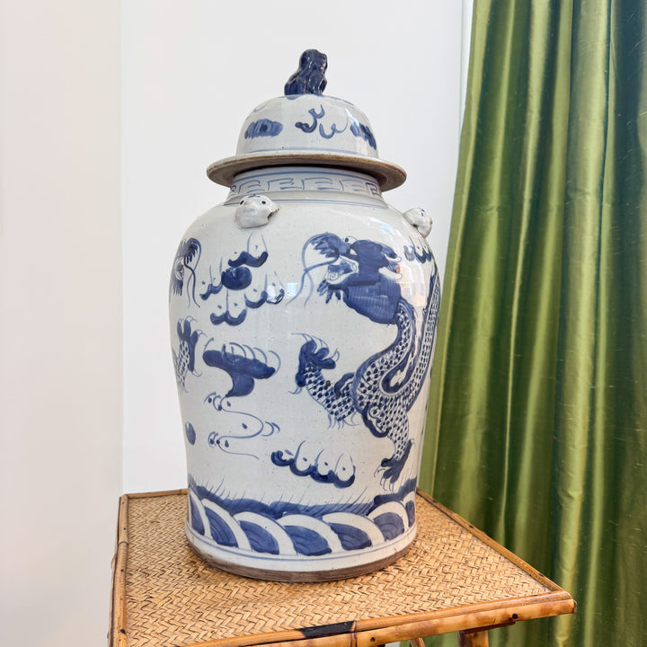 Large Blue and White Chinoiserie Dragon Temple Jar