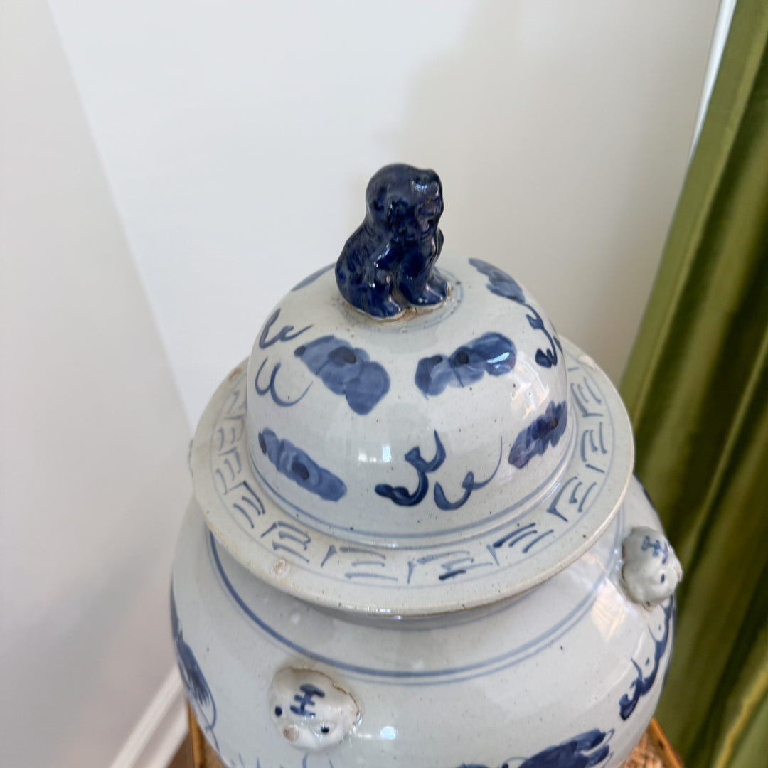 Large Blue and White Chinoiserie Dragon Temple Jar