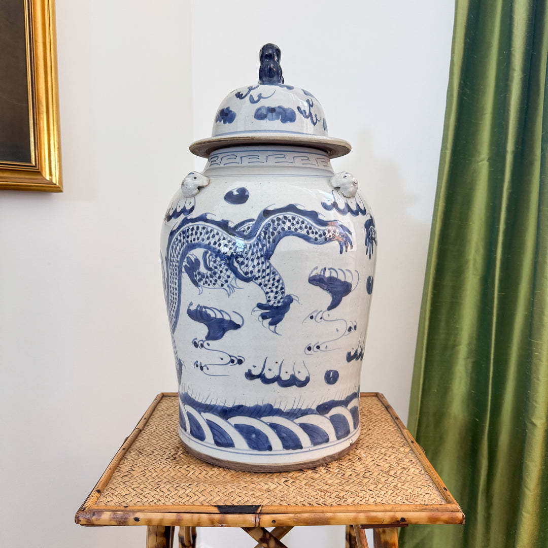 Large Blue and White Chinoiserie Dragon Temple Jar