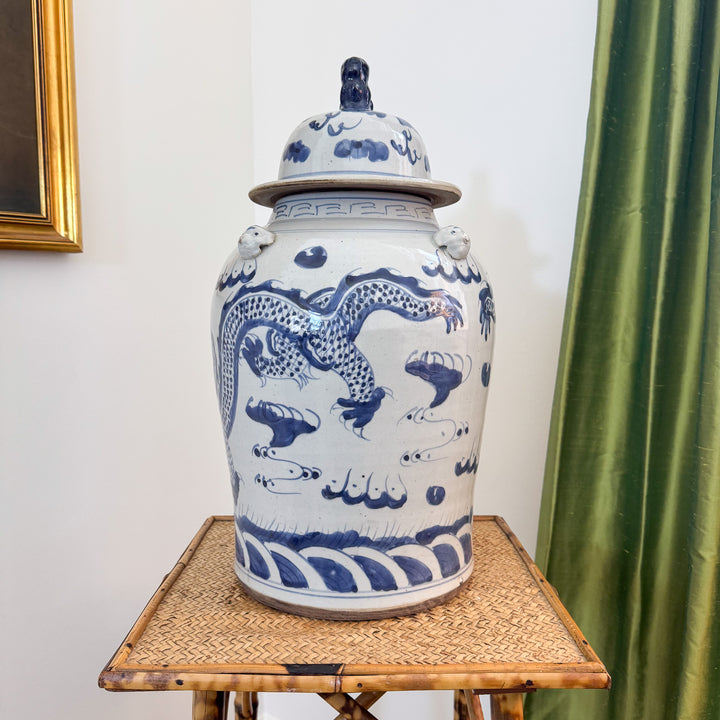 Large Blue and White Chinoiserie Dragon Temple Jar