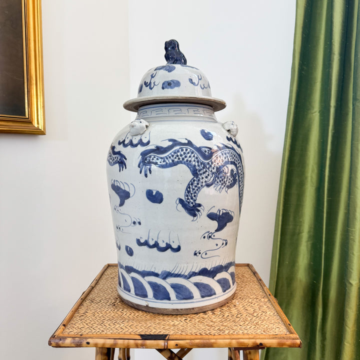 Large Blue and White Chinoiserie Dragon Temple Jar