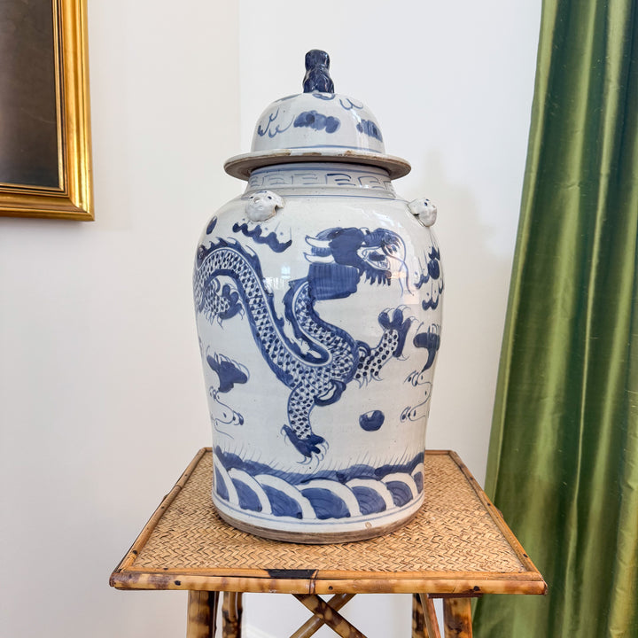 Large Blue and White Chinoiserie Dragon Temple Jar