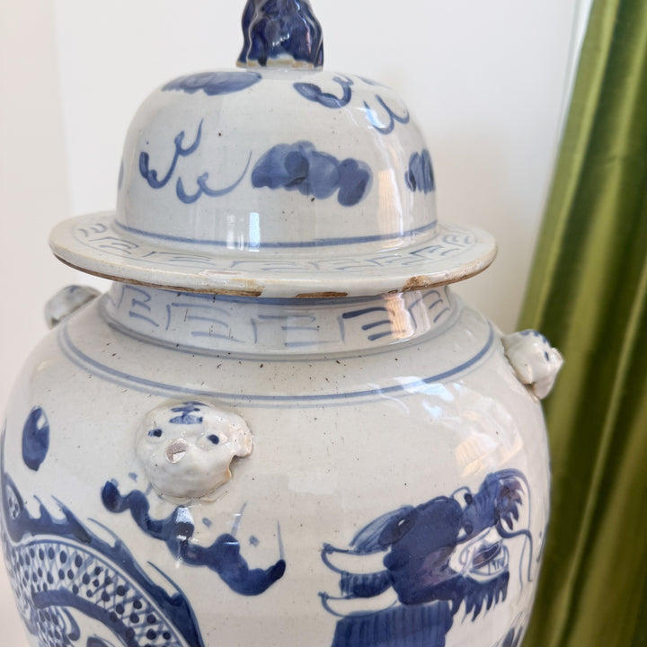 Large Blue and White Chinoiserie Dragon Temple Jar