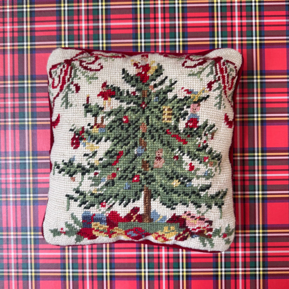 Vintage Spode Christmas Tree Inspired Petite Needlepoint Pillow