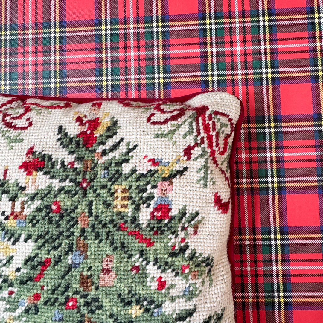 Vintage Spode Christmas Tree Inspired Petite Needlepoint Pillow