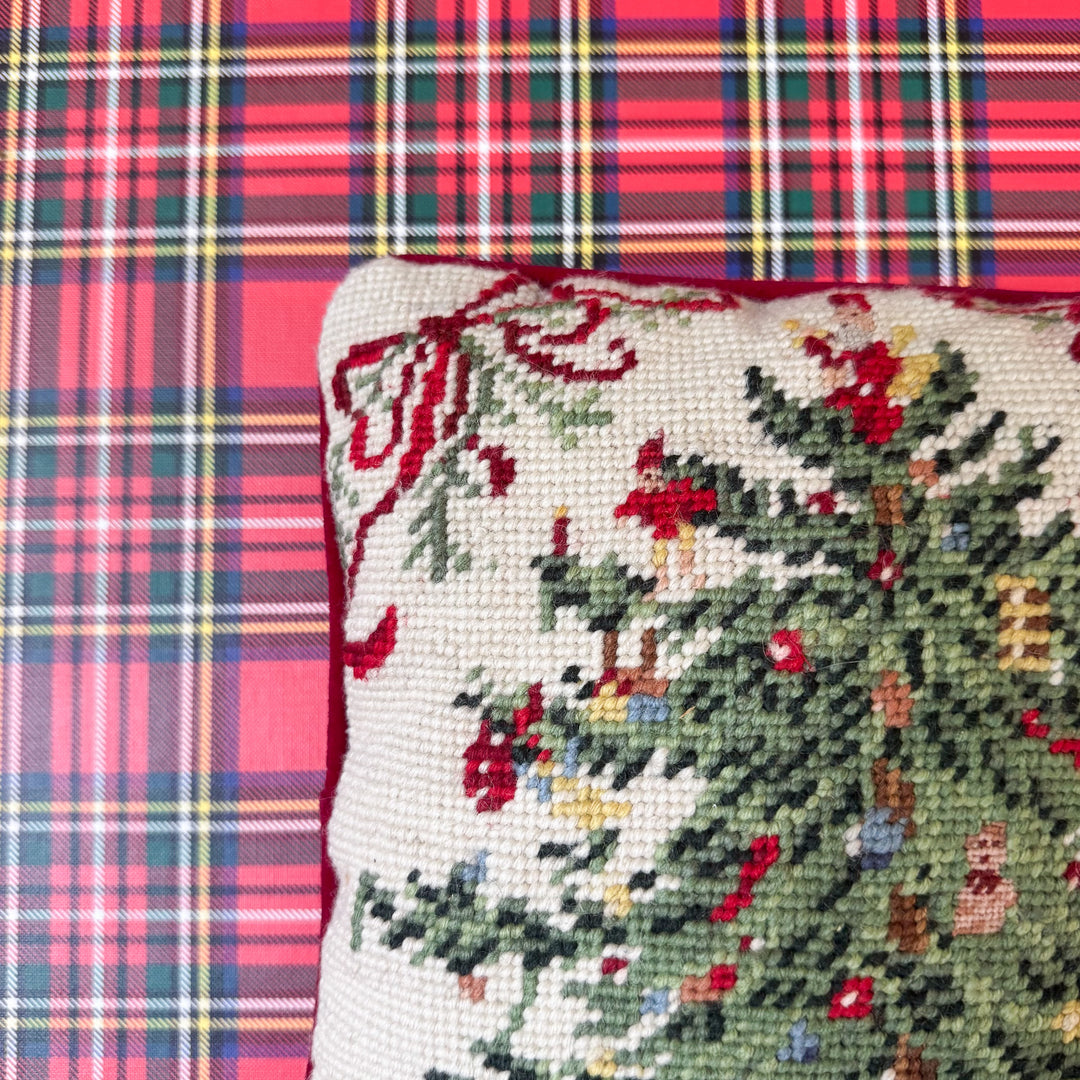 Vintage Spode Christmas Tree Inspired Petite Needlepoint Pillow