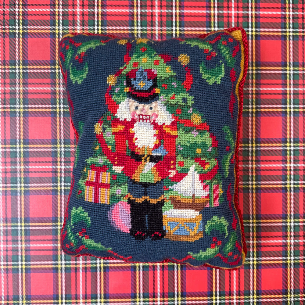 Vintage Nutcracker with Christmas Tree Needlepoint Pillow