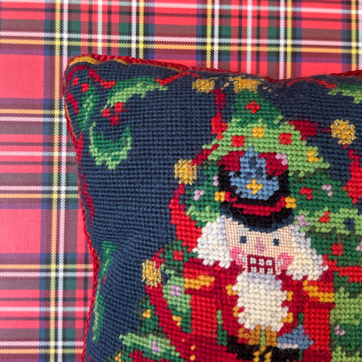 Vintage Nutcracker with Christmas Tree Needlepoint Pillow