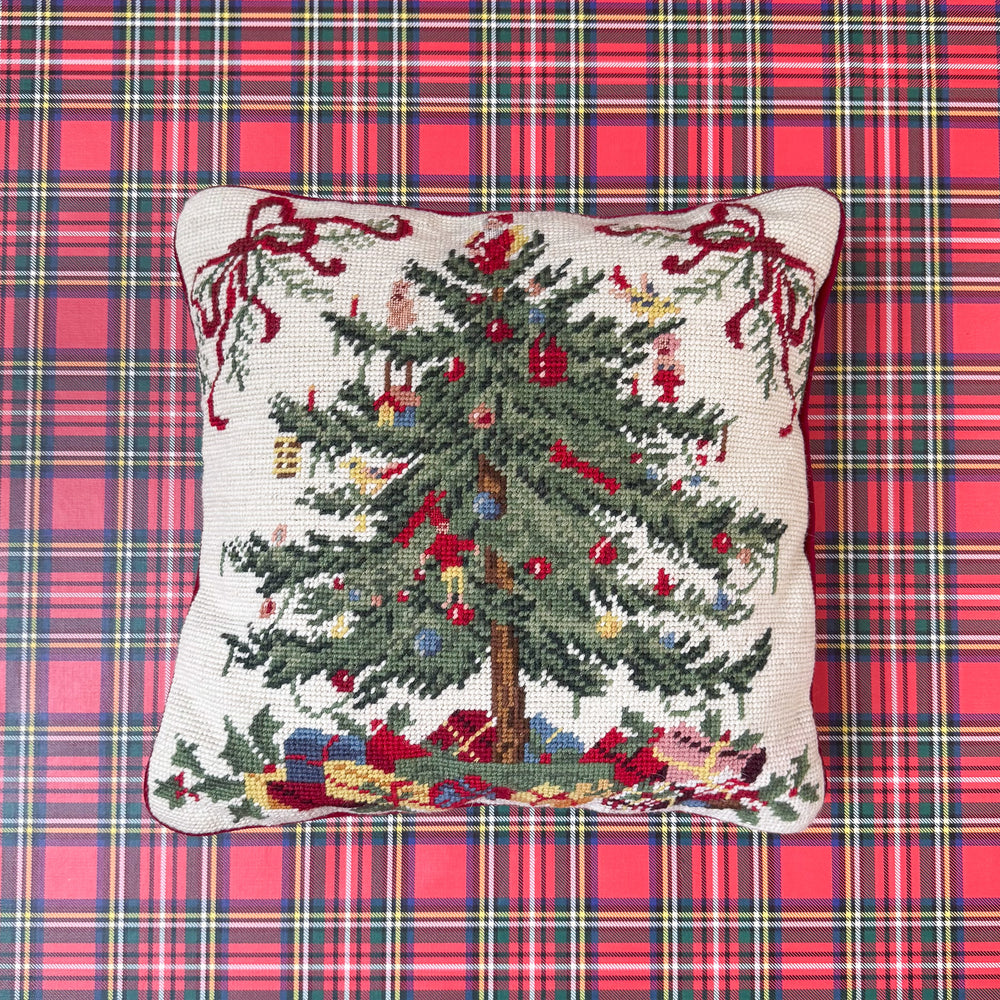 Vintage Spode Christmas Tree Inspired Large Needlepoint Pillow