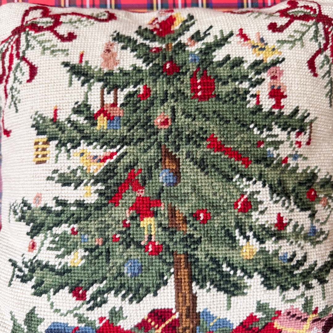 Vintage Spode Christmas Tree Inspired Large Needlepoint Pillow