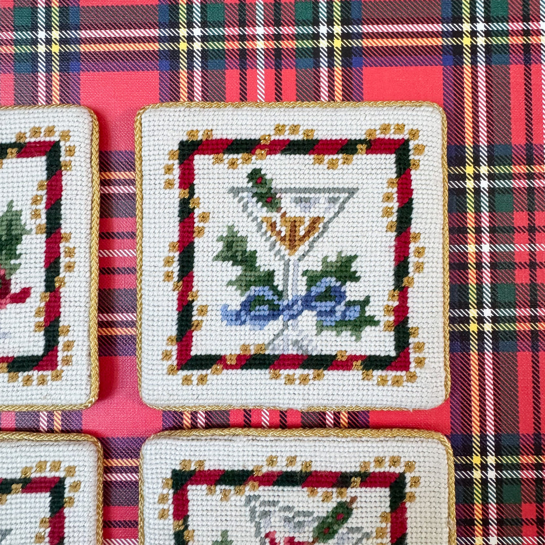 Vintage Set of Four Christmas Needlepoint Coasters