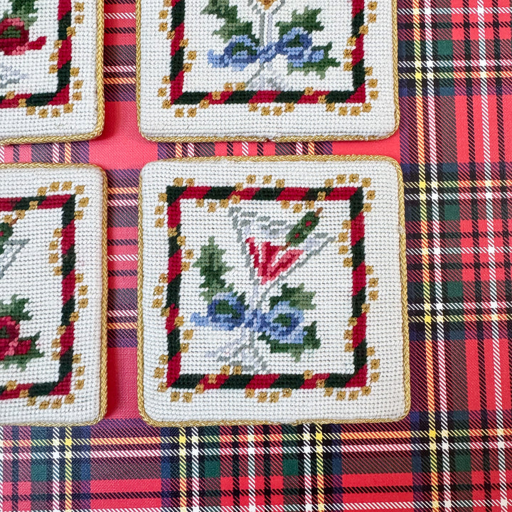Vintage Set of Four Christmas Needlepoint Coasters