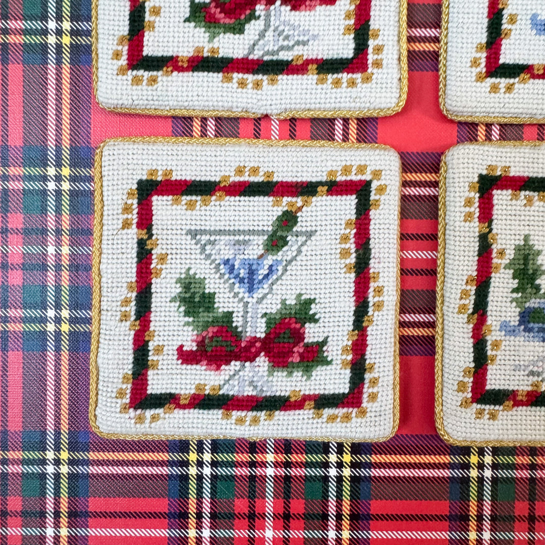 Vintage Set of Four Christmas Needlepoint Coasters