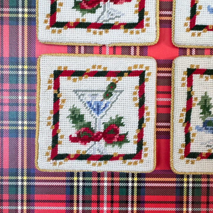 Vintage Set of Four Christmas Needlepoint Coasters