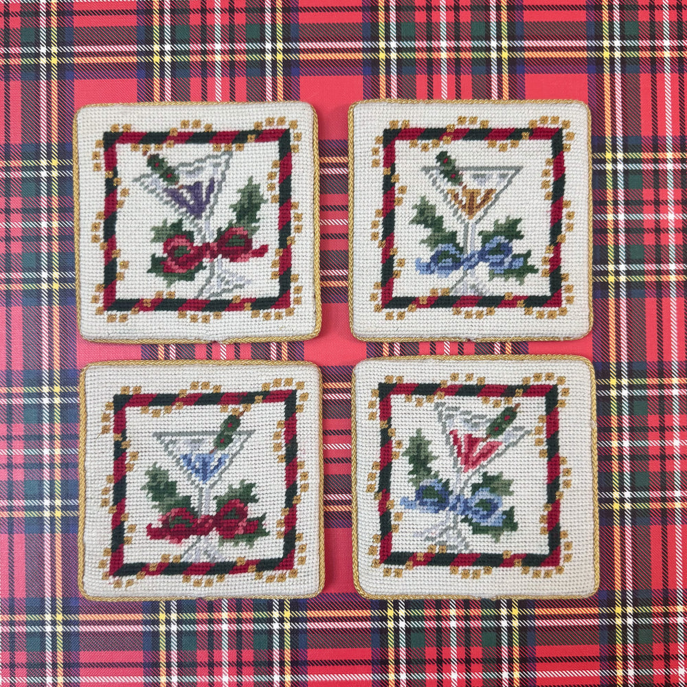 Vintage Set of Four Christmas Needlepoint Coasters