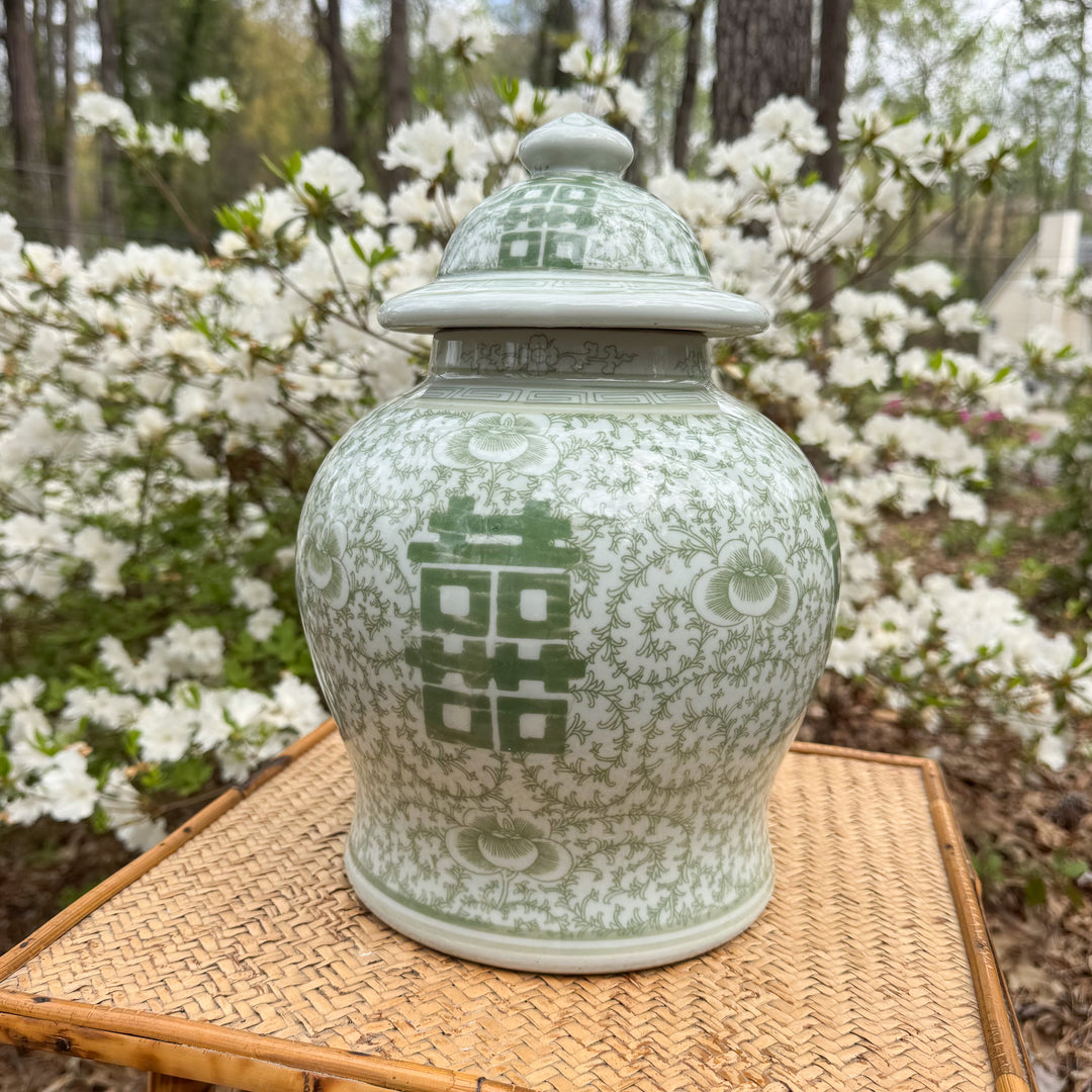 Green and White Double Happiness Temple Jar