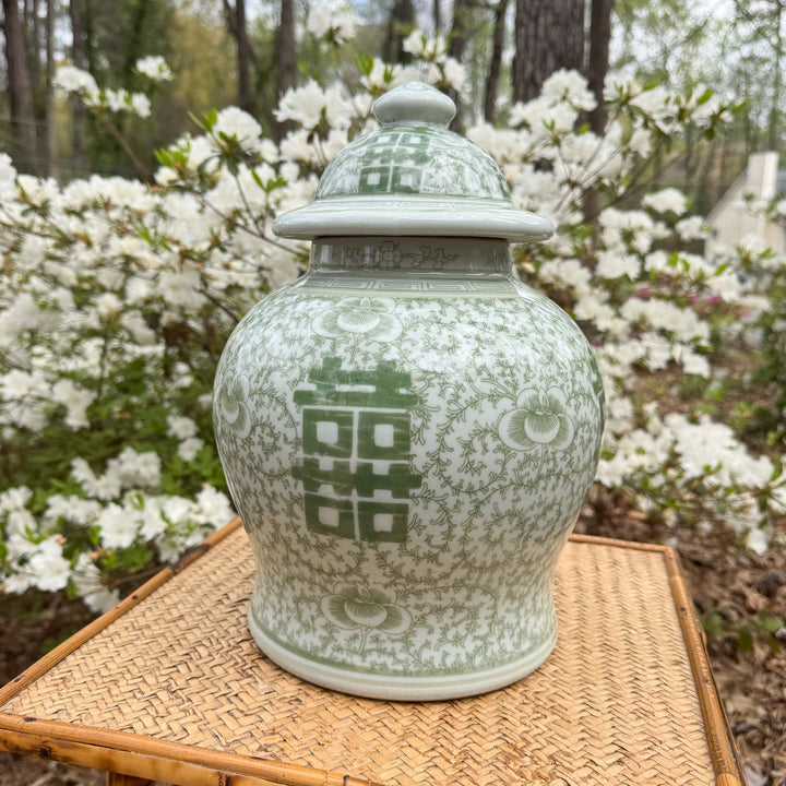 Green and White Double Happiness Temple Jar
