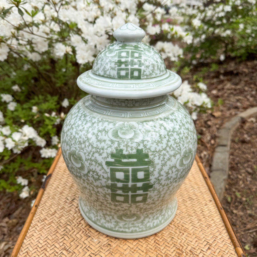 Green and White Double Happiness Temple Jar