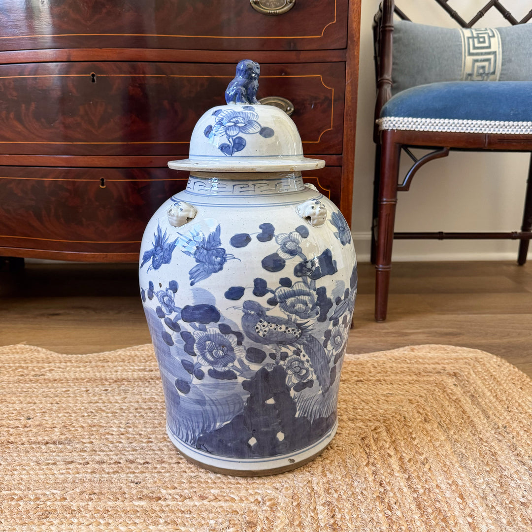 Blue and White Bird and Flower Porcelain Temple Jar