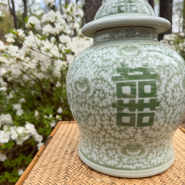 Green and White Double Happiness Temple Jar