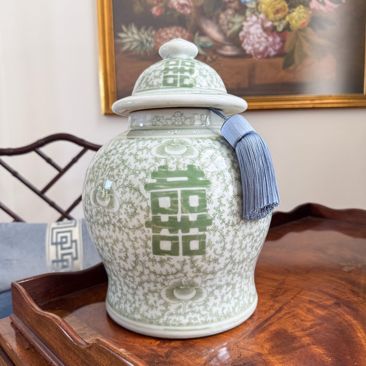 Green and White Double Happiness Temple Jar
