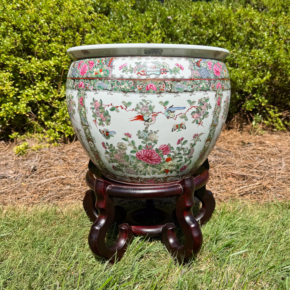 Vintage Large Rose Canton Fishbowl Planter with Wooden Stand