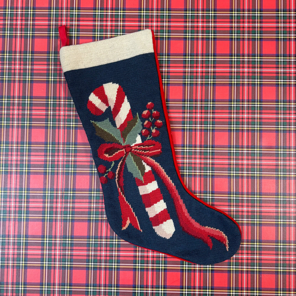 Vintage Candy Cane Needlepoint Stocking
