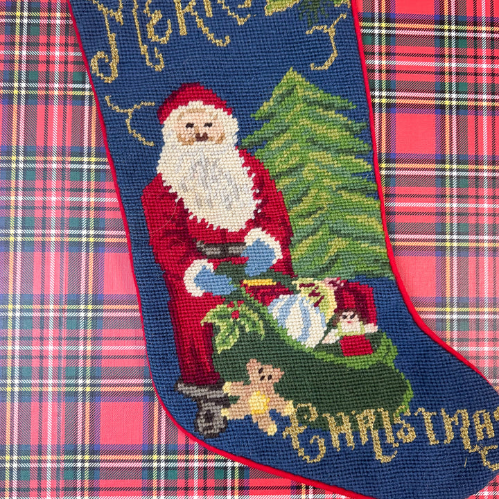 Vintage Merry Christmas Santa and Tree Needlepoint Stocking