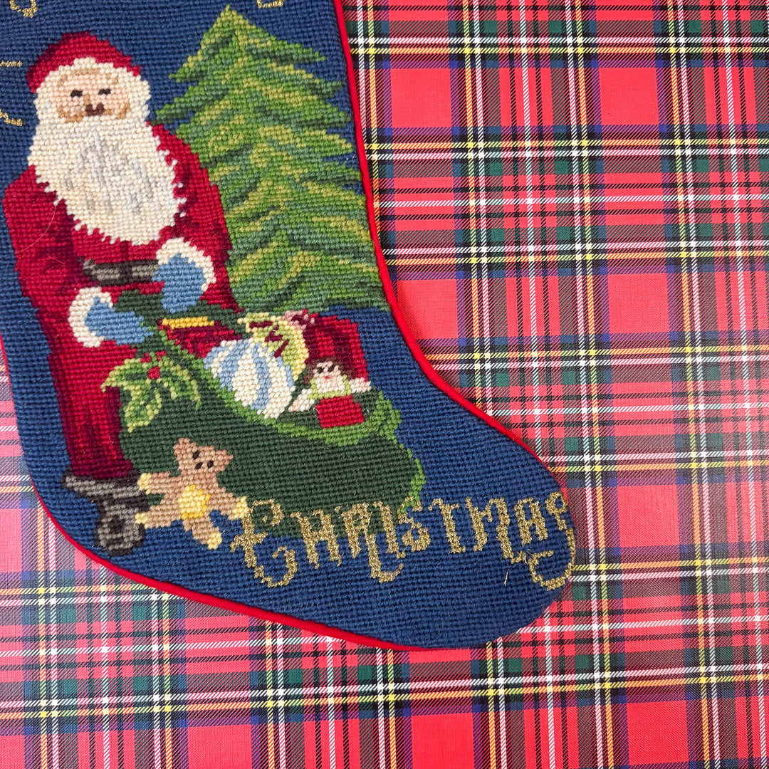 Vintage Merry Christmas Santa and Tree Needlepoint Stocking